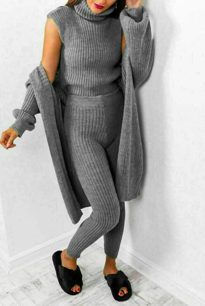 Womens 3 Piece Suit Roll Neck Chunky Knitted Tracksuit Ladies Rib Loungewear Set