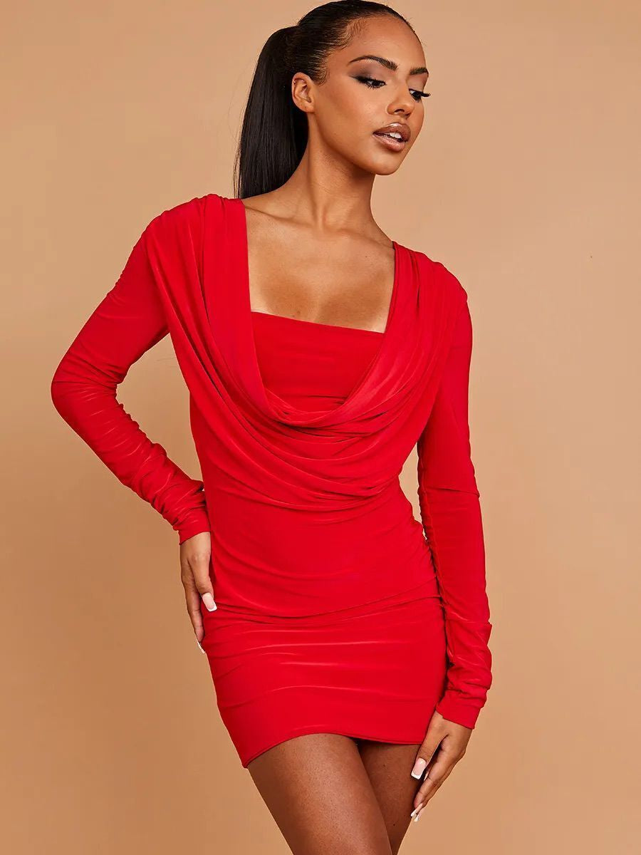Womens Ladies Long Sleeves Sexy Ruched Slinky Drape Halter Cowl Party Mini Dress