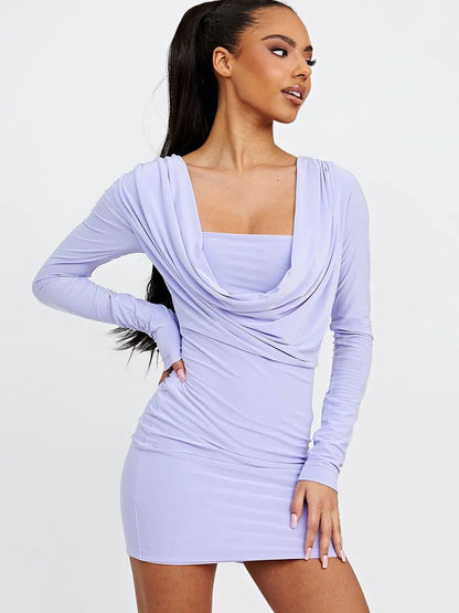 Womens Ladies Long Sleeves Sexy Ruched Slinky Drape Halter Cowl Party Mini Dress