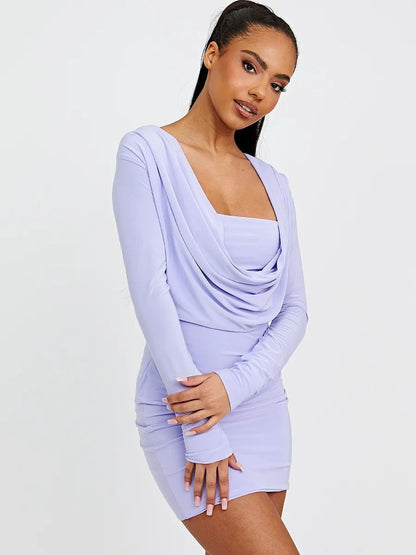 Womens Ladies Long Sleeves Sexy Ruched Slinky Drape Halter Cowl Party Mini Dress